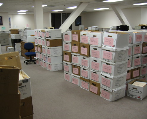 Documents packed in boxes and labeled